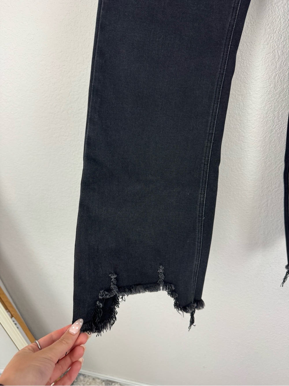 Risen High Rise Straight Leg Raw Hem Black Denim Jeans - Picture 3 of 6